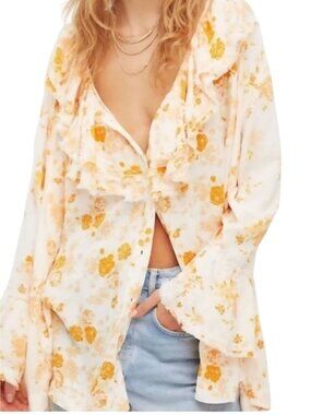 Free People Loretta Tunic Top Tea Combo Ruffled Bell Sleeve Oversized Size S
